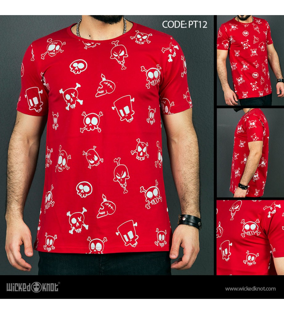 Skulls - Red -  Pattern  Printed  T-Shirt